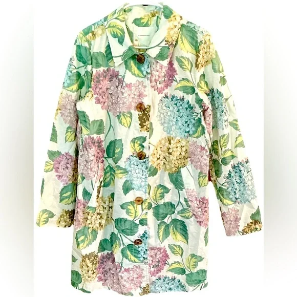 Anthropologie Mellie‎ Hydrangea Floral Raincoat Linen Trench Jacket Soft Girl - Picture 4 of 12